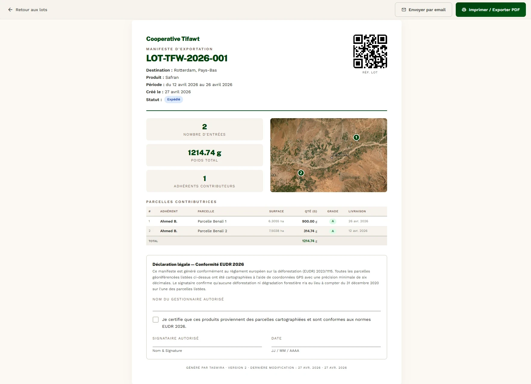 Manifeste d'exportation Taswira